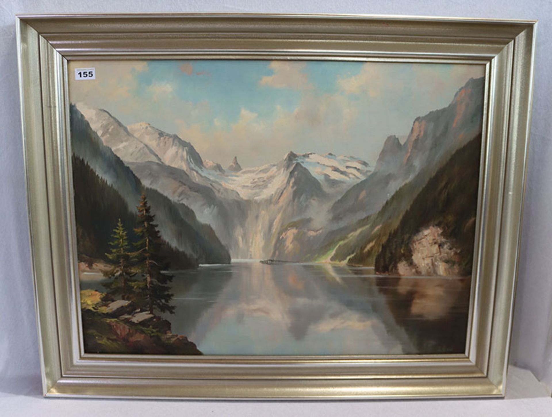 Gemälde ÖL/LW 'See im Hochgebirge', signiert Lévé, gerahmt, incl. Rahmen 74 cm x 95 cm