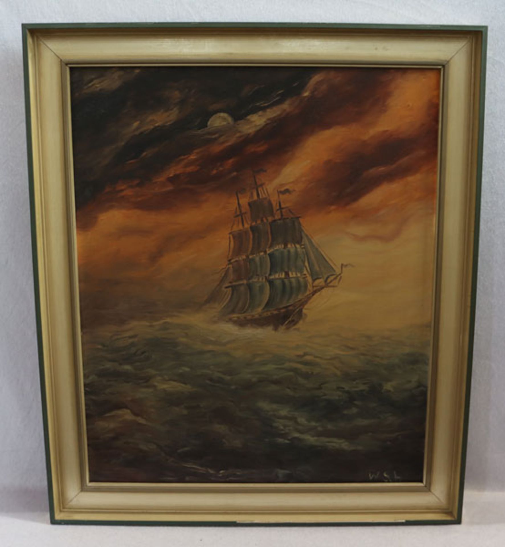 Gemälde ÖL/LW 'Segelboot', monogrammiert W Sch, gerahmt, Rahmen bestossen, incl. Rahmen 70 cm x 60