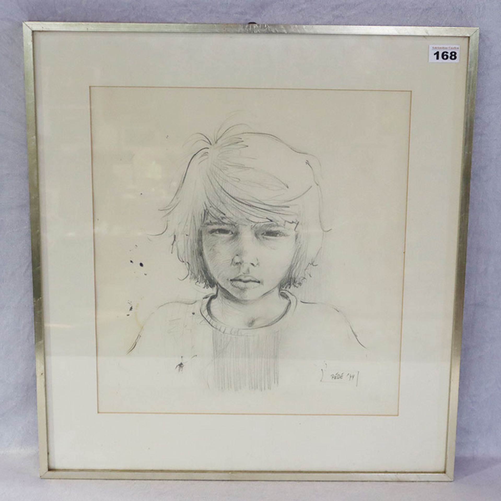 Bleistiftzeichnung 'Kinderportrait', signiert PeDE 74, für Peter Dekker, * 1948 Holland, mit
