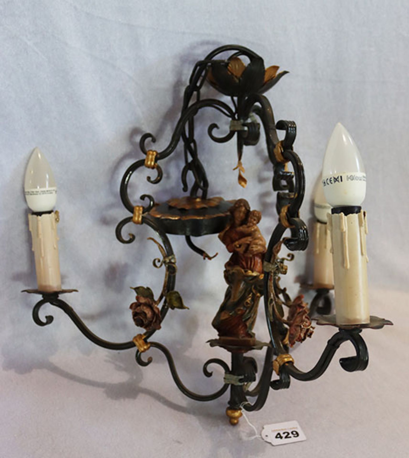 Schmiedeeiserne Hängelampe mit 3 Leuchten und figürlicher Darstellung 'Maria mit Kind', H 68 cm, D