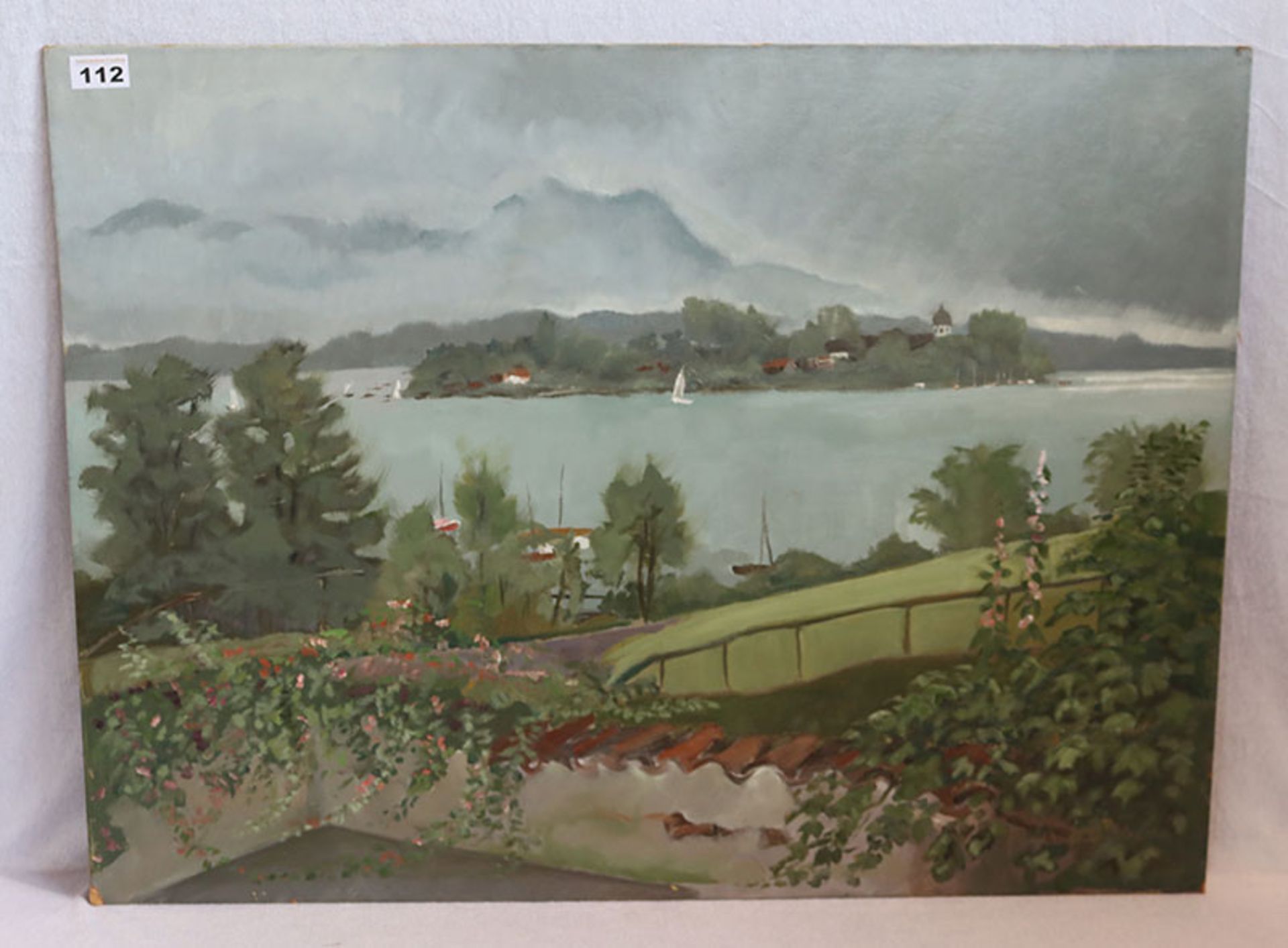 Gemälde ÖL/Malkarton 'Chiemsee mit Fraueninsel', undeutlich signiert, ohne Rahmen, 60 cm x 81 cm