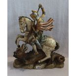 Holz Figur 'Heiliger Georg auf Pferd mit Drachen', farbig gefaßt, teils bestossen und beschädigt,