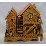 Holzmodel 'Mühle mit Wasserrad und Uhr', teils beschädigt, H 41 cm, B 43 cm, T 21 cm