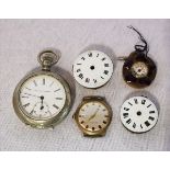 Konvolut von Taschenuhrwerken, 2 Schneckenkette Uhren, nicht komplett, Schlüsseluhr, Taschenuhr