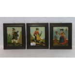 3 Hinterglasbilder, 2 Frauen im Dirndel und Jäger, alle greahmt, incl. Rahmen 20,5 cm x 17,5 cm
