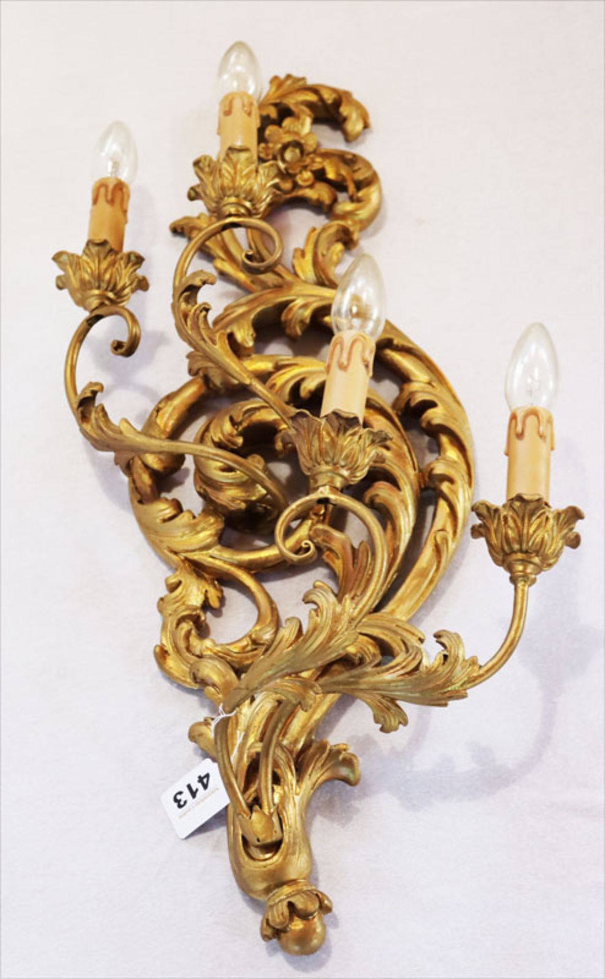 Dekorative Holz/Metall Wandlampe mit 4 Leuchten, goldfarben bemalt, Funktion nicht geprüft, H 72 cm,