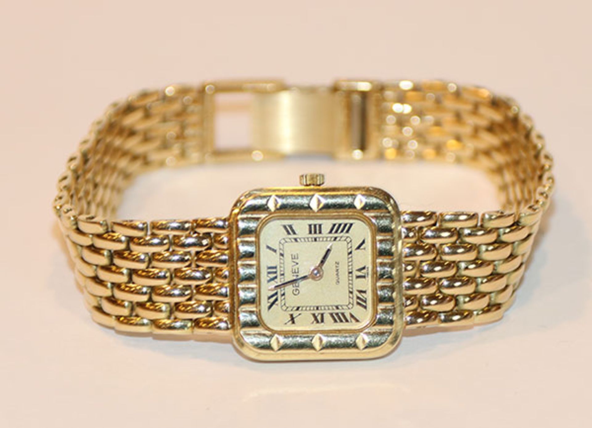 Genève Quarzt Damen Armbanduhr, 14 k Gelbgold, 38 gr., neue Batterie, L 16 cm