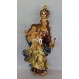 Holz Skulptur 'Maria mit Kind', farbig gefaßt, Kreuz fehlt, teils bestossen und berieben, H 74 cm