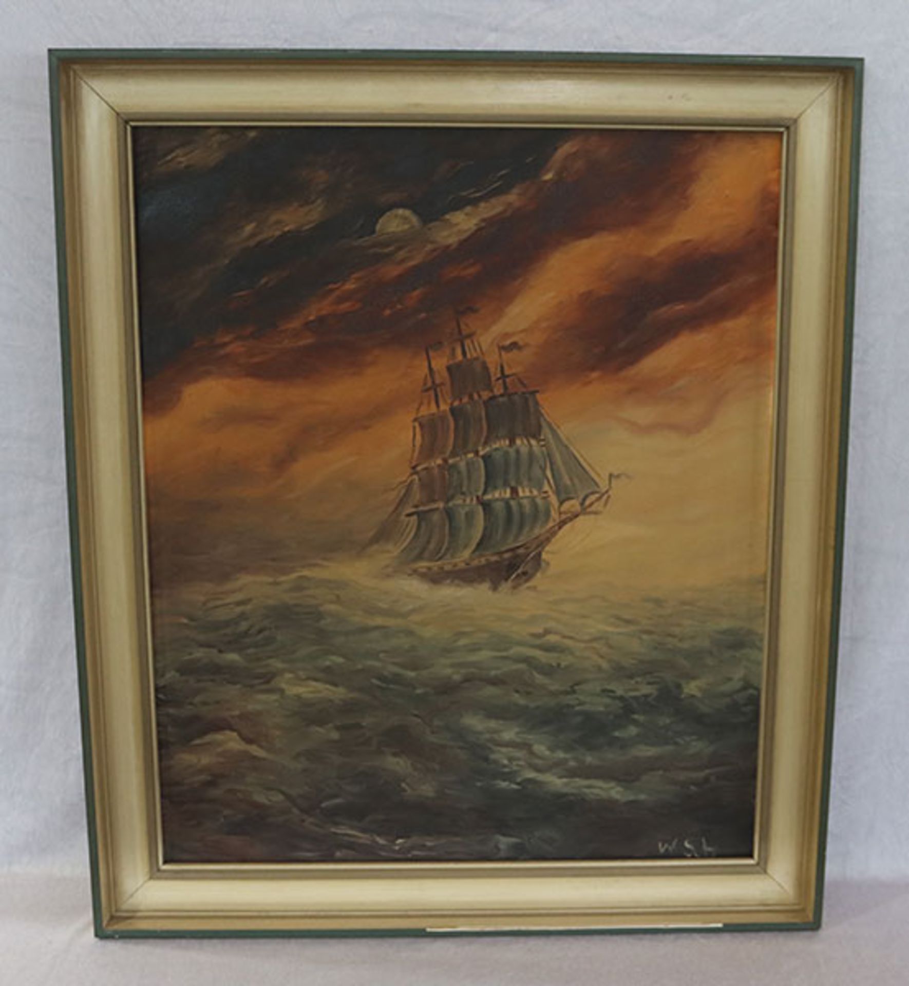 Gemälde ÖL/LW 'Segelboot', monogrammiert W Sch, gerahmt, Rahmen bestossen, incl. Rahmen 70 cm x 60