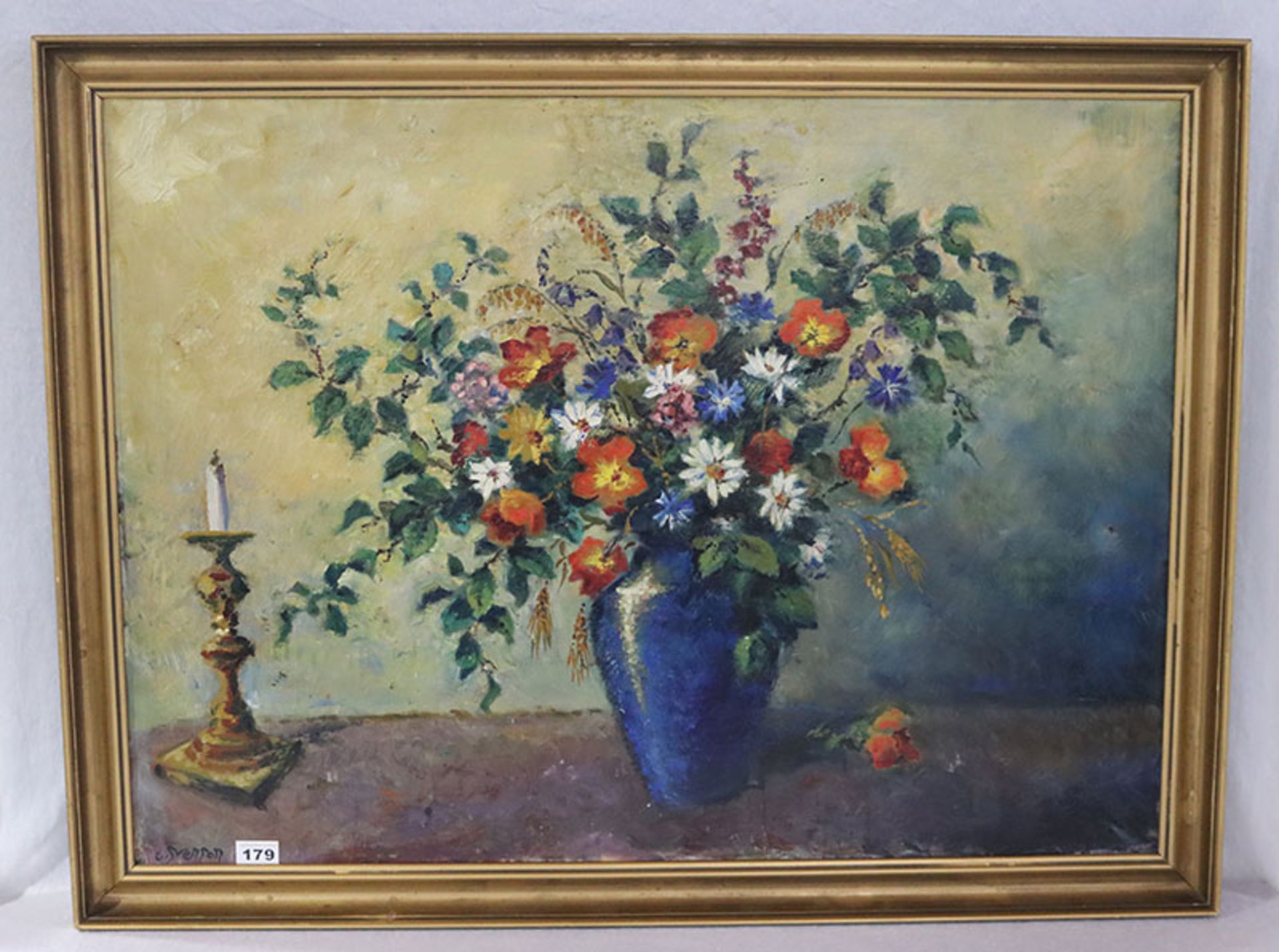 Gemälde ÖL/LW 'Blumenstrauß in Vase', undeutlich signiert Merson ?, gerahmt, Rahmen bestossen und