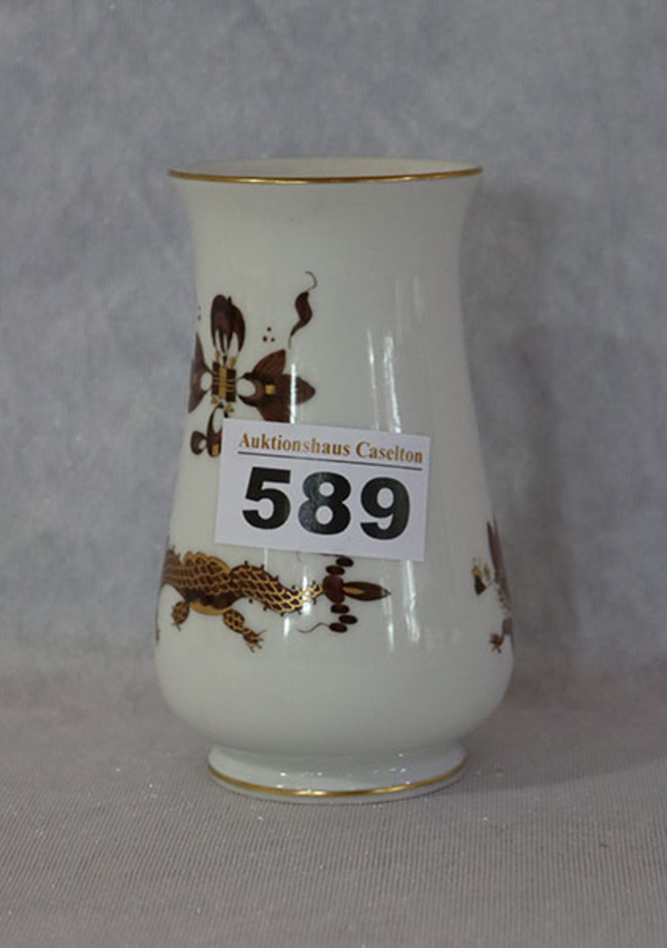 Meissen Blumenvase mit braunem, goldgeschuppten Drachen, Goldrand, 1. Wahl mit Petermann-Strich, H