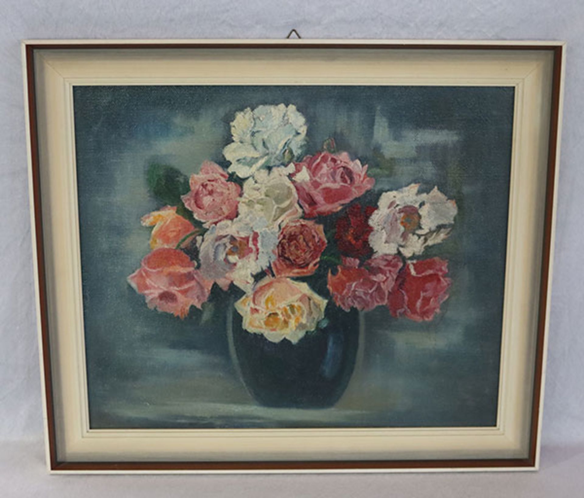 Gemälde ÖL/LW aufgeklebt 'Rosen in Vase', gerahmt, incl. Rahmen 53 cm x 61 cm