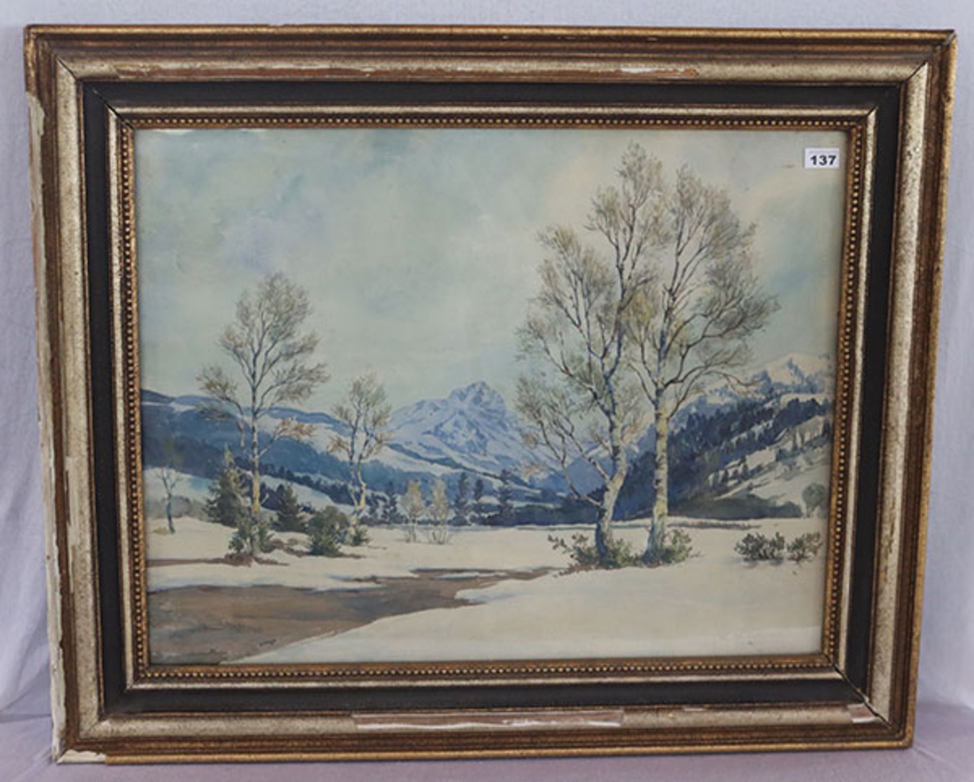 Aquarell 'Gebirgslandschaft im Winter', signiert M. Märtens, Max Märtens, * 1887 Braunschweig + 1970