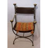 Metallstuhl mit Leder Sitz und Lehne, loses Sitzkissen, H 100 cm, B 56 cm, T 42 cm, Gebrauchsspuren