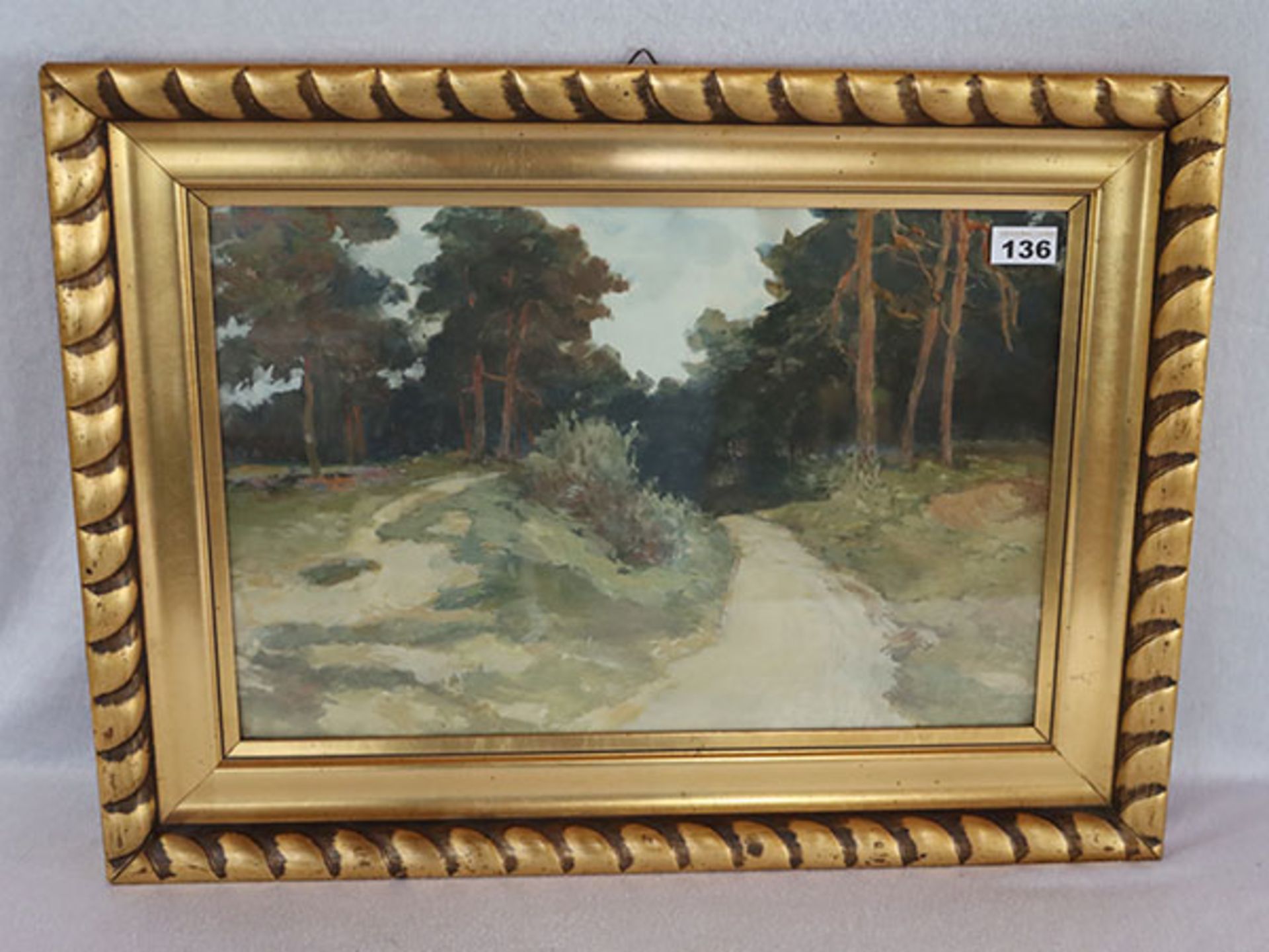 Gemälde Mischtechnik/Malkarton 'Waldweg', unter Glas gerahmt, Rahmen beschädigt, incl. Rahmen 48