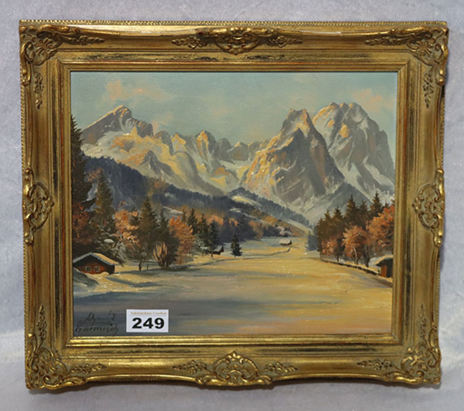 Gemälde ÖL/LW 'Wettersteingebirge im Winter', signiert Schmid, Garmisch, gerahmt, Rahmen beschädigt,