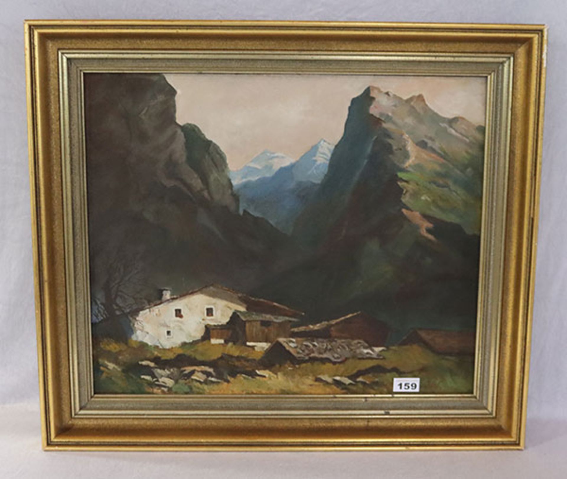 Gemälde ÖL/Malkarton 'Bergbauernhof im Hochgebirge', monogrammiert JW, gerahmt, Rahmen bestossen,