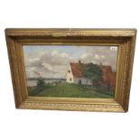 Gemälde ÖL/LW 'Haus an Flußufer', gerahmt, Rahmen beschädigt, incl. Rahmen 58 cm x 77 cm