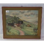 Gemälde ÖL/LW 'Schwarzwald Landschafts-Szenerie mit Häuser', signiert W. King, gerahmt, Rahmen