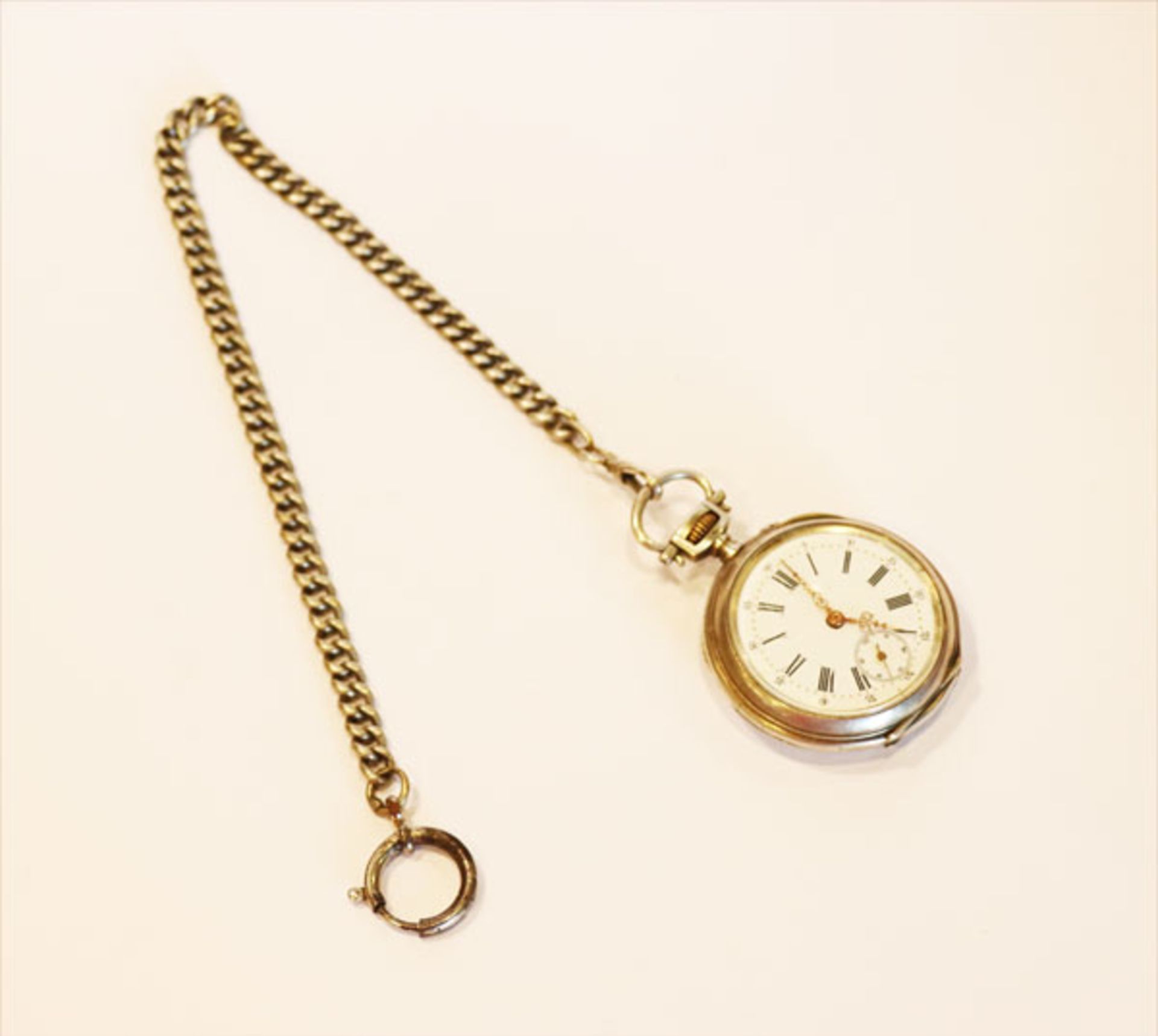 Silber Taschenuhr, intakt, 111 gr., Tragespuren, mit Uhrkette, L 31 cm