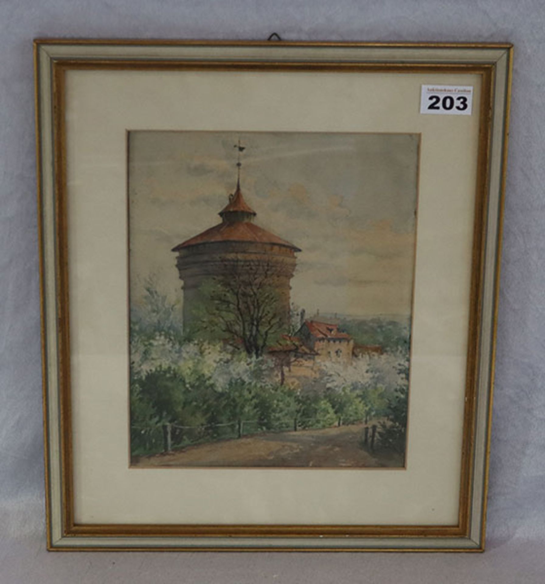 Aquarell 'Wasserturm', Blatt wellig, mit Passepartout unter Glas gerahmt, Rahmen bestossen, incl.