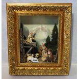 Kastenbild 'Heilige Familie mit Engel und Schafen', in Goldrahmen, incl. Rahmen 43 cm x 37 cm, T