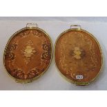 2 ovale Messing/Holz Tabletts mit Intarsiendekor, 52 cm x 31 cm, Gebrauchsspuren