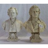 2 Gipsbüsten 'Goethe' und 'Schiller', teils bestossen und fleckig, H 30 cm, Altersspuren
