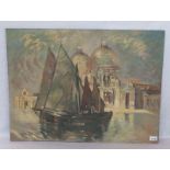 Gemälde ÖL/Malkarton 'Segelboote vor Venedig', signiert Engelhard, ohne Rahmen 60 cm x 80 cm