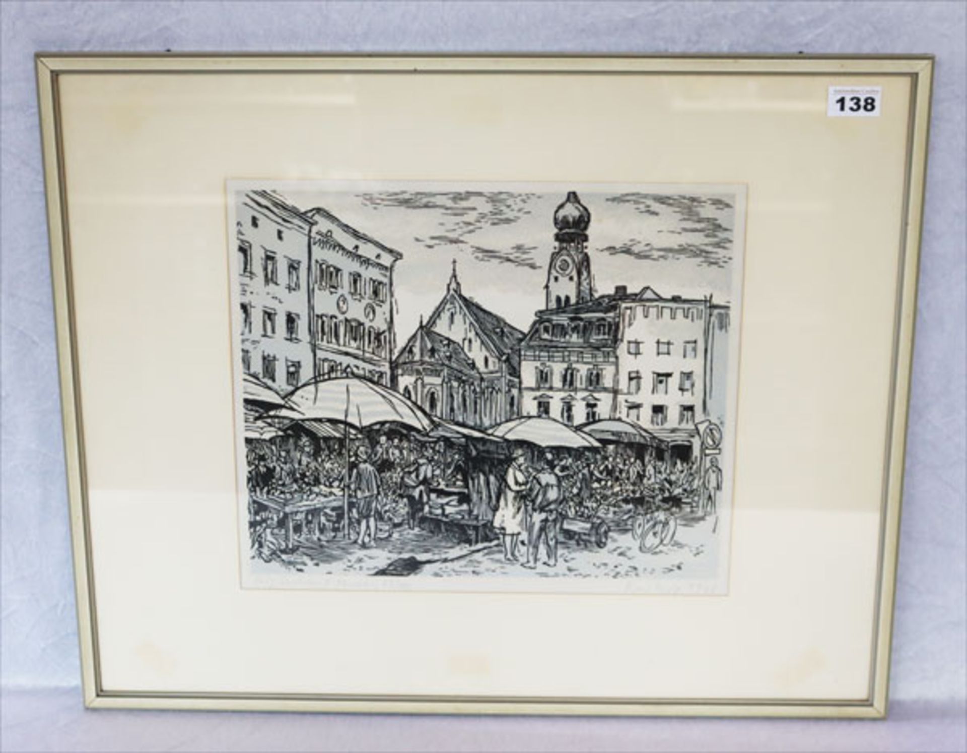 Original Linolschnitt-Handdruck 43/100, 'Grüner Markt Rosenheim', undeutlich signiert, 1968, mit