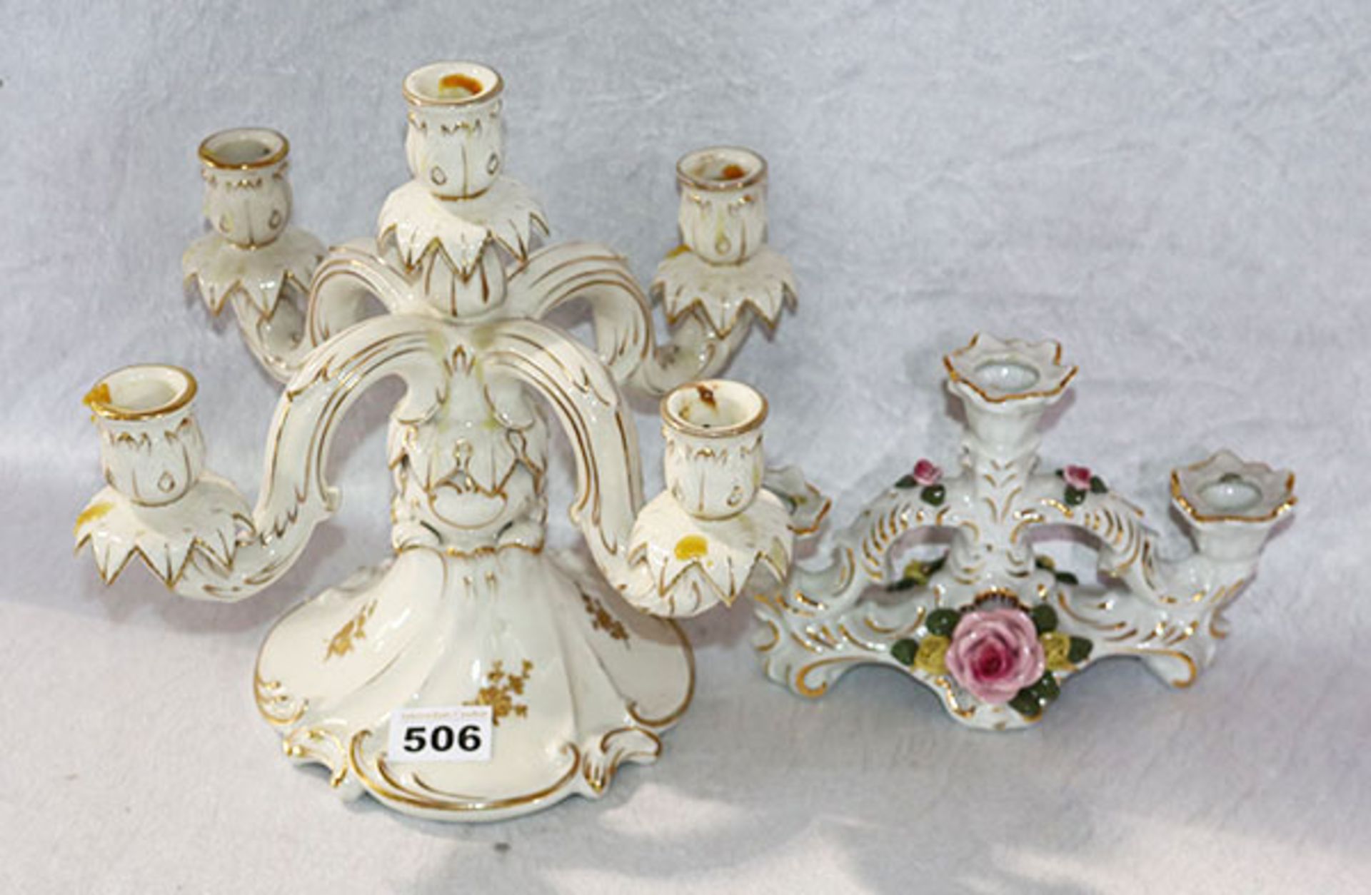 Schierholz Porzellan Kerzenleuchter, 5-armig mit Golddekor, H 26 cm, D 34 cm, und 3-armiger