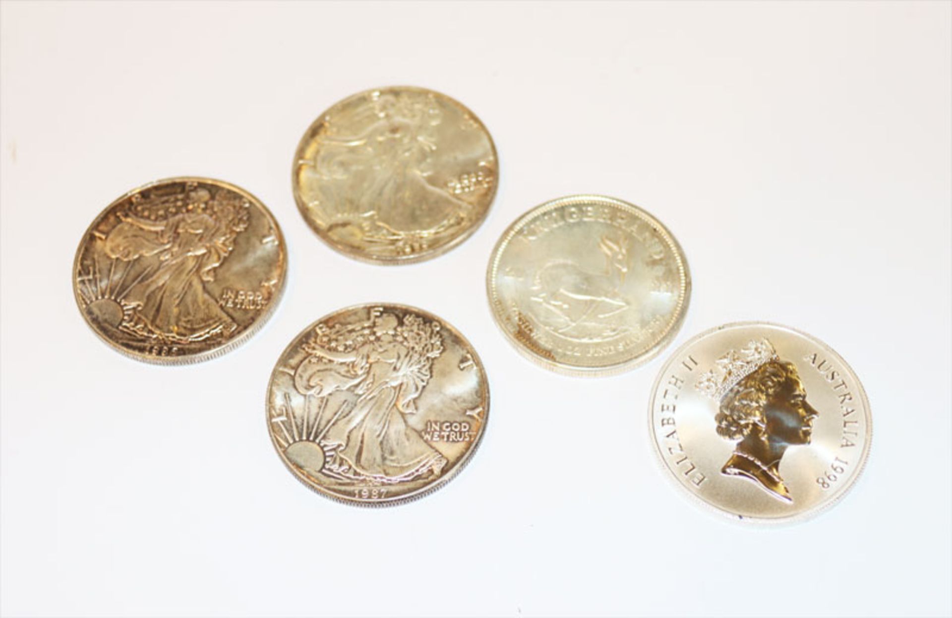 5 x 1 oz Silber Münzen/Medaillen, 155,5 gr. Feinsilber