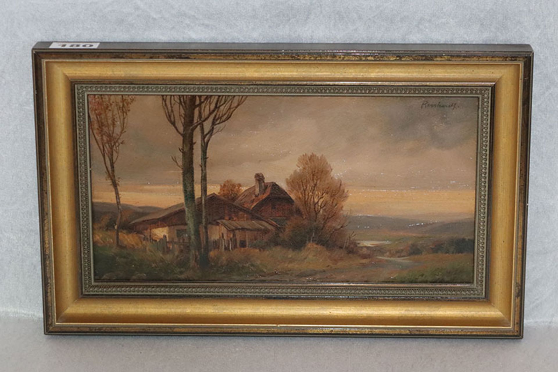 Gemälde ÖL/Malkarton 'Landschafts-Szenerie mit Haus', signiert Reinhardt, gerahmt, Rahmen