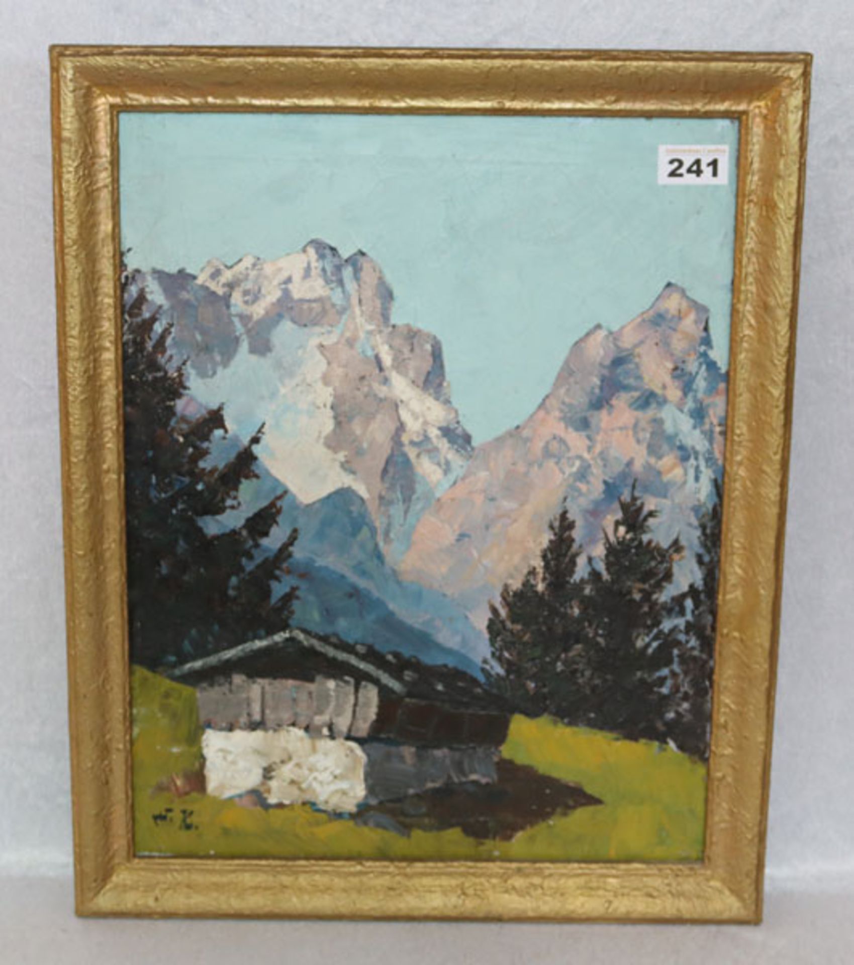 Gemälde ÖL/LW 'Heustadel in Hochgebirgslandschaft', monogrammiert F. K., LW restauriert, gerahmt,