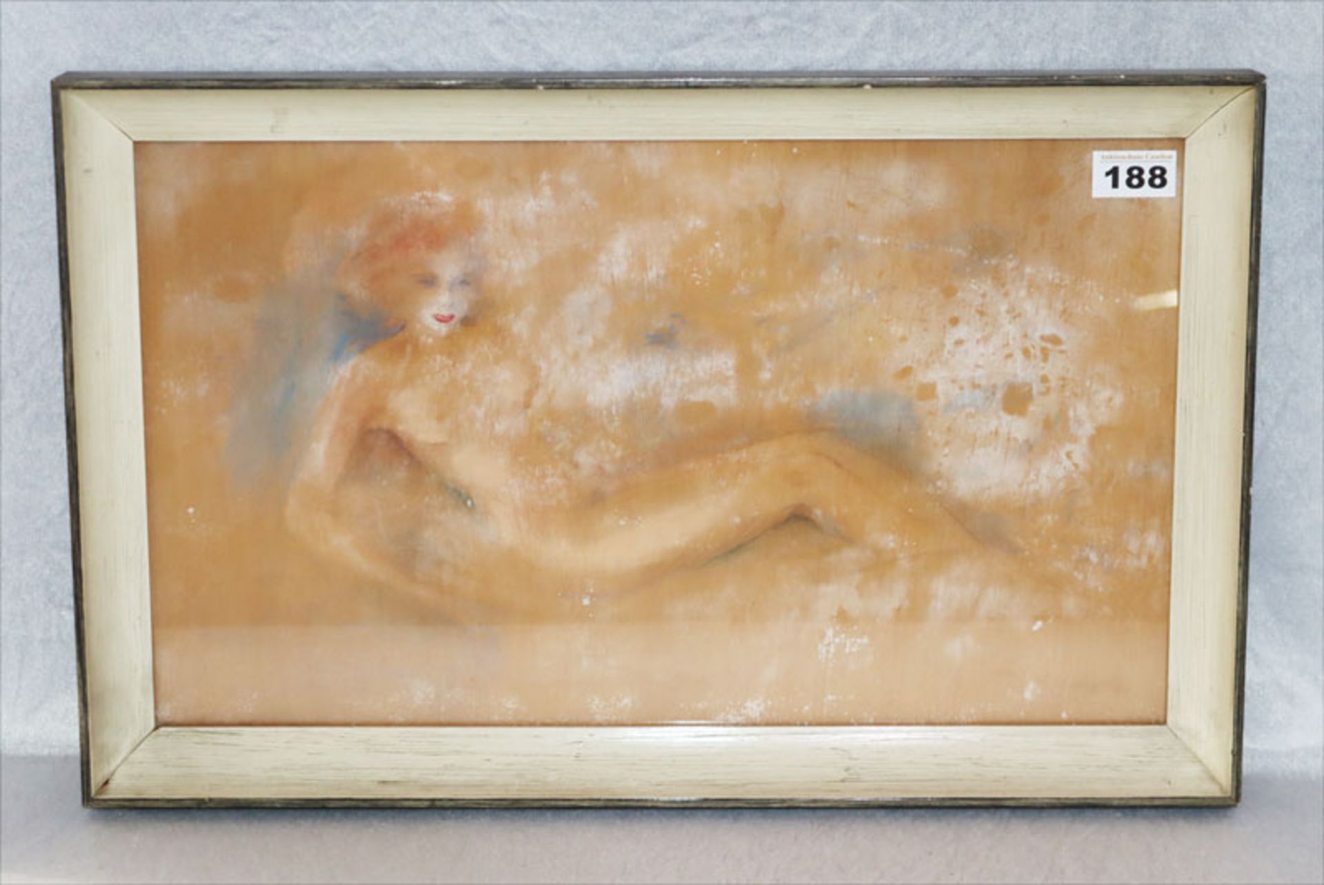 Aquarell 'Liegender Frauenakt', Bildoberfläche teils rissig und fleckig, unter Glas gerahmt, incl.