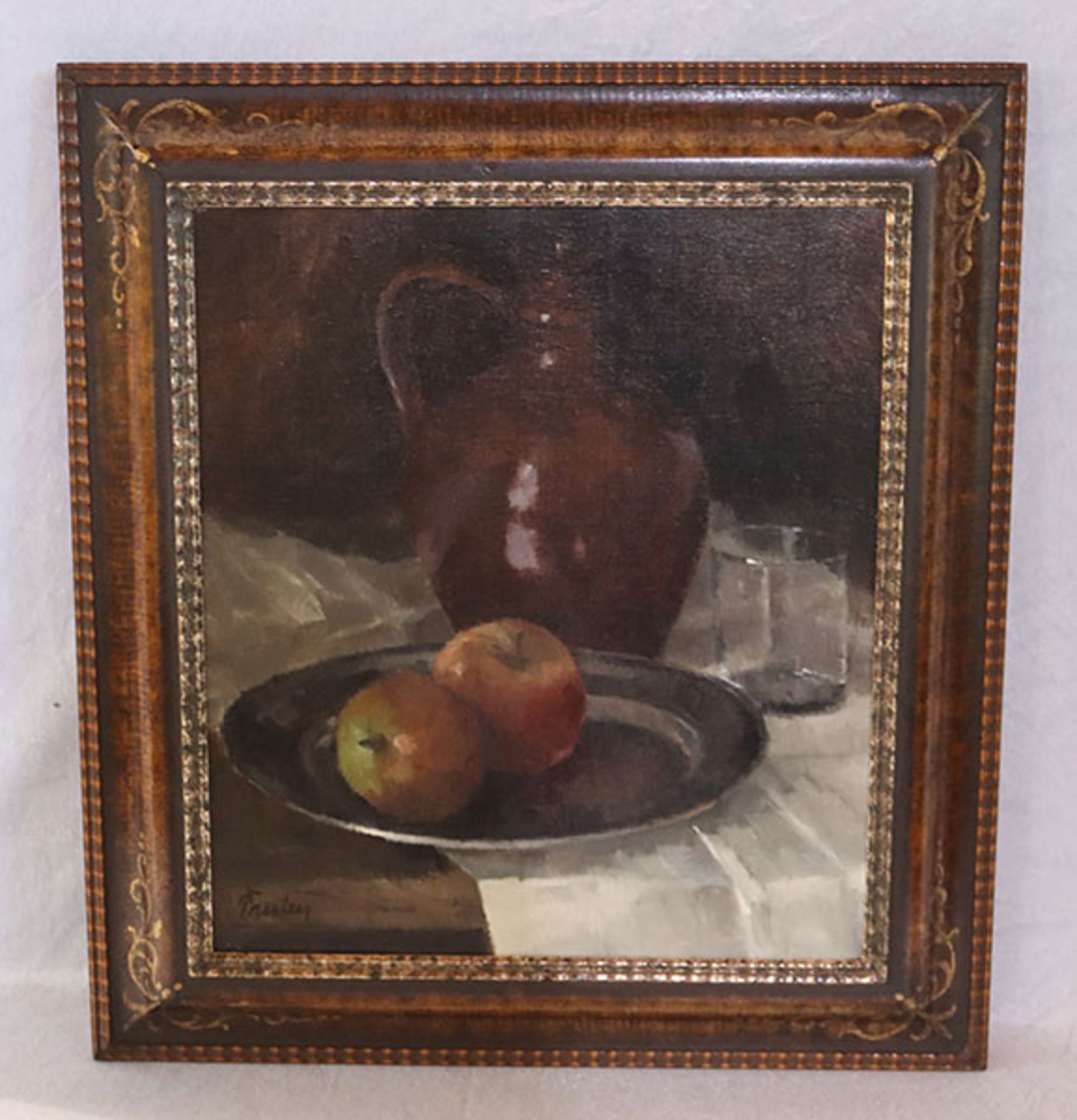Gemälde ÖL/Malkarton 'Stillleben mit Krug und Äpfel', signiert Paulus, Paul Paulus, * 1915 Prien