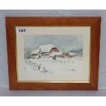 Aquarell 'Bauernhaus in Winterlandschaft', signiert K. Prestl 85, mit Passepartout unter Glas