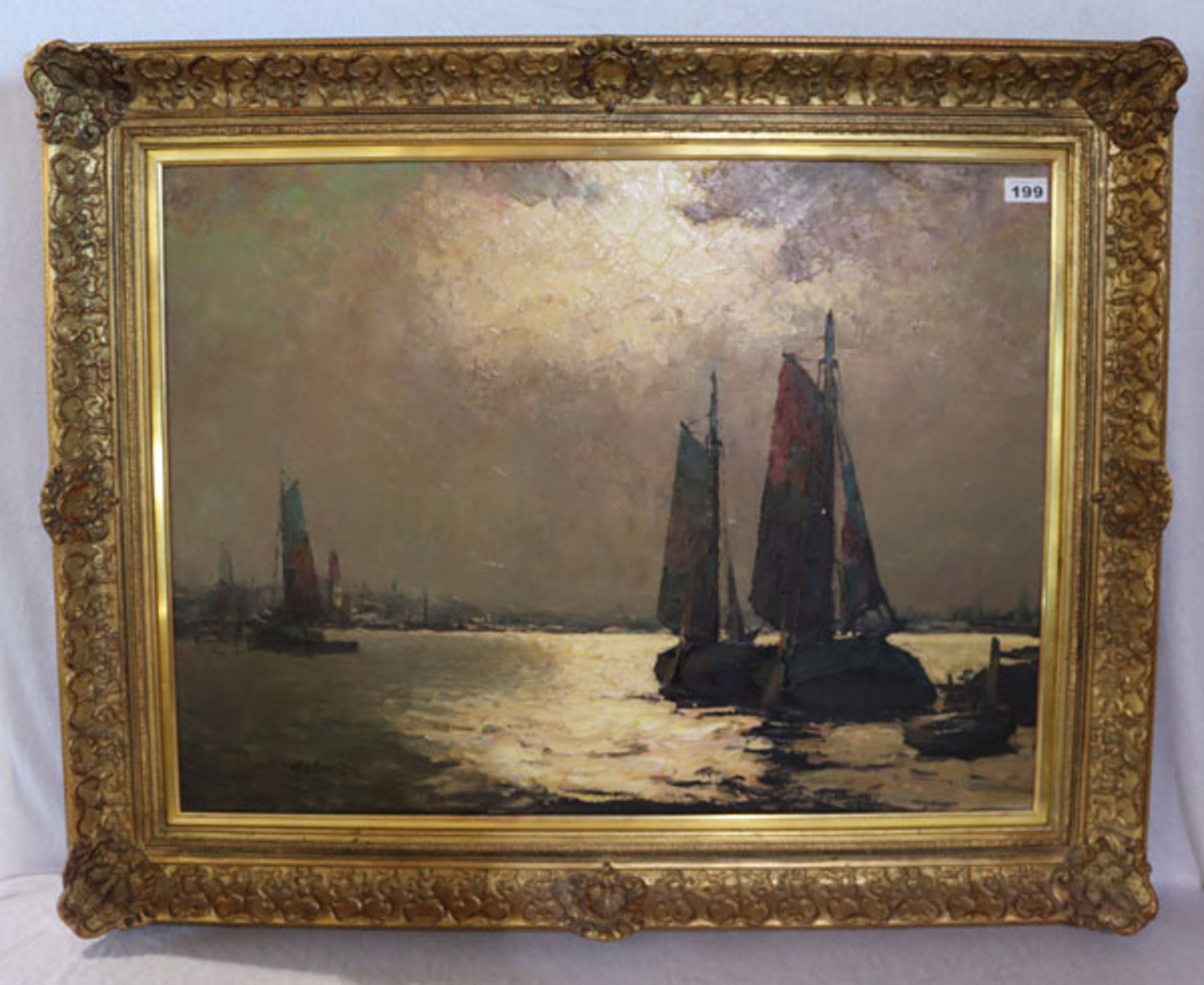 Gemälde ÖL/LW 'Segelboote in Abendstimmung', undeutlich signiert Kolo ..., gerahmt, incl. Rahmen