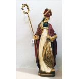 Holz Skulptur 'Heiliger Nikolaus', farbitg gefaßt, Mitra beschädigt, Farbalösungen, teils