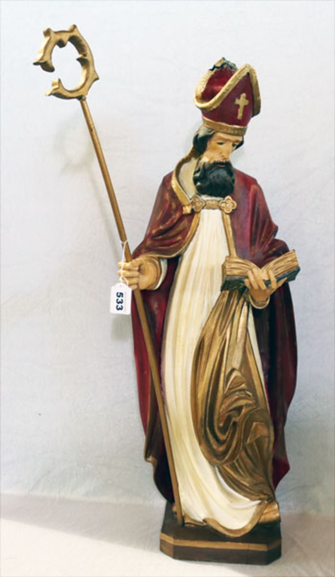 Holz Skulptur 'Heiliger Nikolaus', farbitg gefaßt, Mitra beschädigt, Farbalösungen, teils