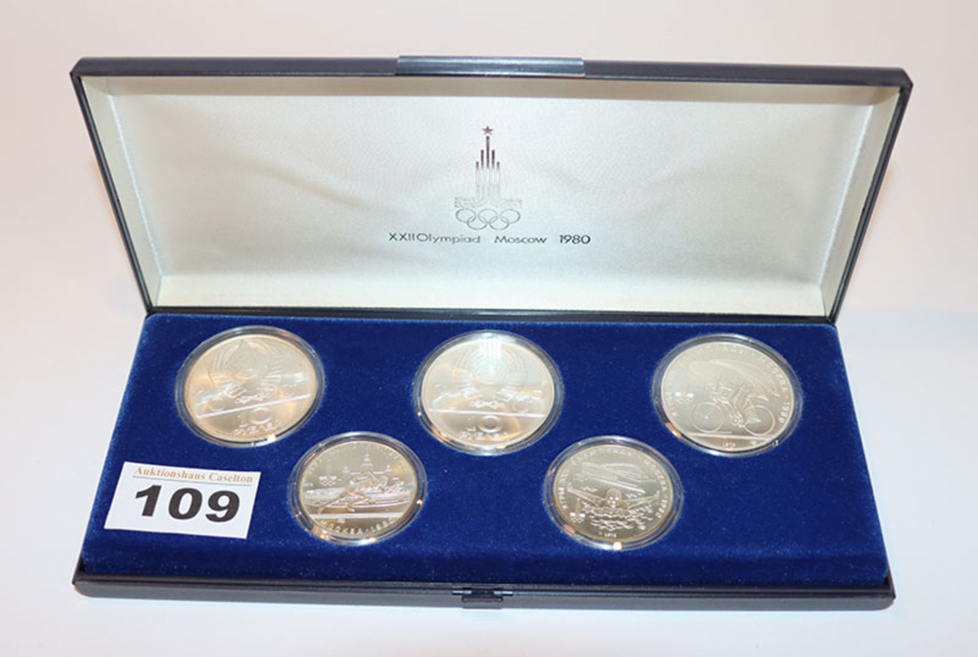 Satz von 5 Silber Münzen, Olympiade Moskau 1980, 13,2 gr. Silber, 120 gr. Feinsilber, in