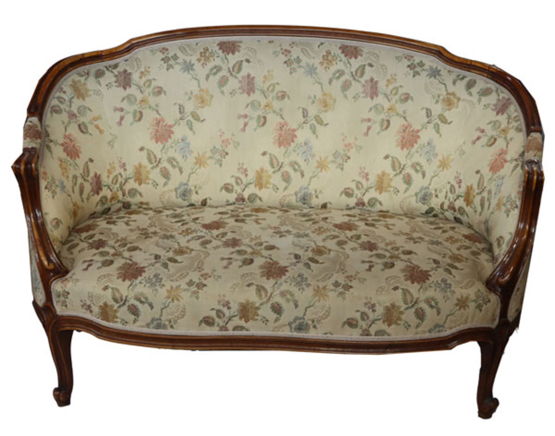 Sofa mit Holzrahmen, 2-sitzer, gepolstert und beige/floral bezogen, H 83 cm, B 122 cm, T 53 cm,