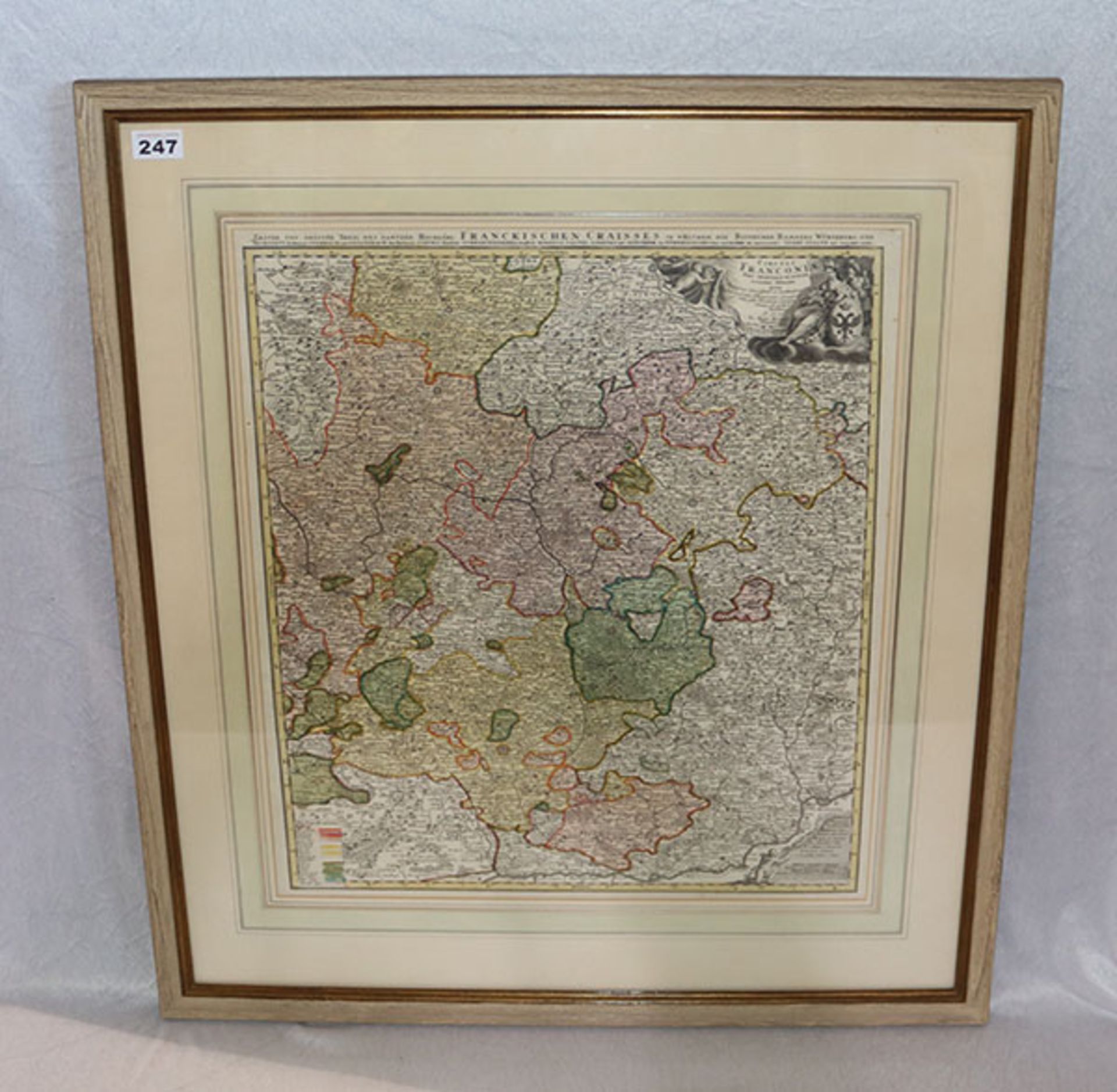 Landkarte von 'Franken', teils coloriert, mit Passepartout unter Glas gerahmt, incl. Rahmen 80 cm