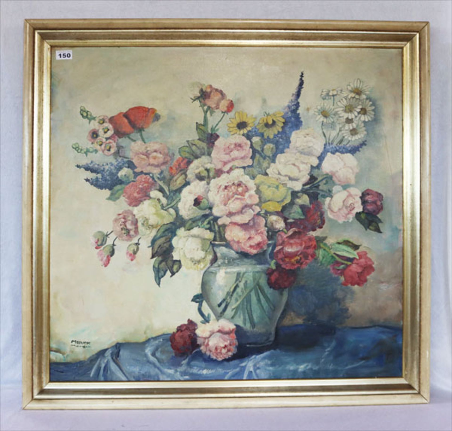 Gemälde ÖL/LW 'Bunter Blumenstrauß in Vase', signiert Maeucer ?, München, LW teils beschädigt,