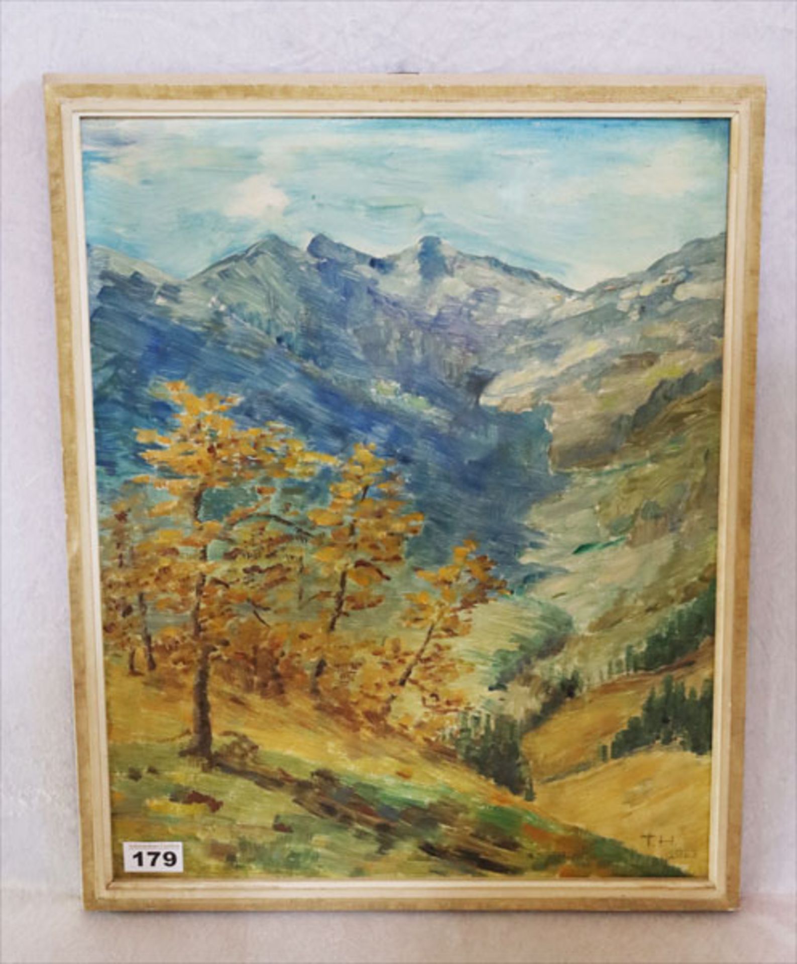 Gemälde ÖL/Hartfaser 'Hochgebirge im Herbst', monogrammiert TH, gerahmt incl. Rahmen 54 cm x 43 cm