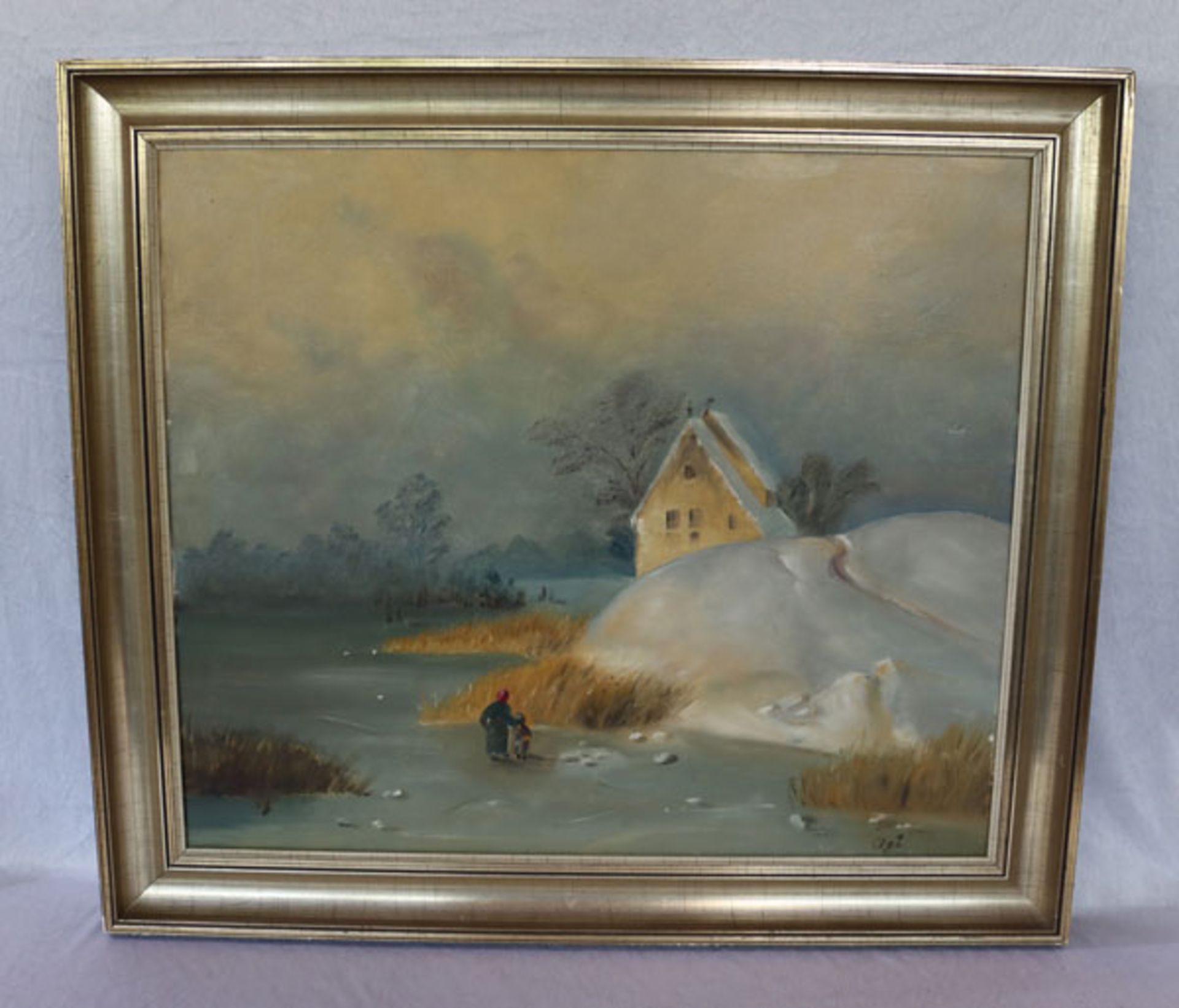 Gemälde ÖL/LW 'Winterlandschaft mit Haus', bez. Isi ?, gerahmt, Rahmen bestossen, incl. Rahmen 72 cm