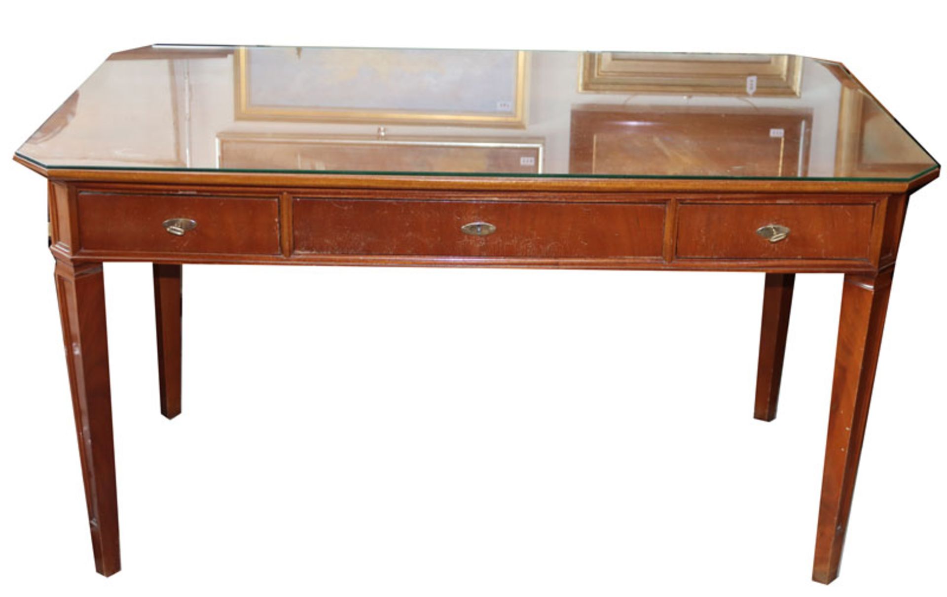 Schreibtisch, Korpus mit 3 Schüben, Glasplatte, H 76 cm, B 137 cm, T 47 cm, Gebrauchsspuren