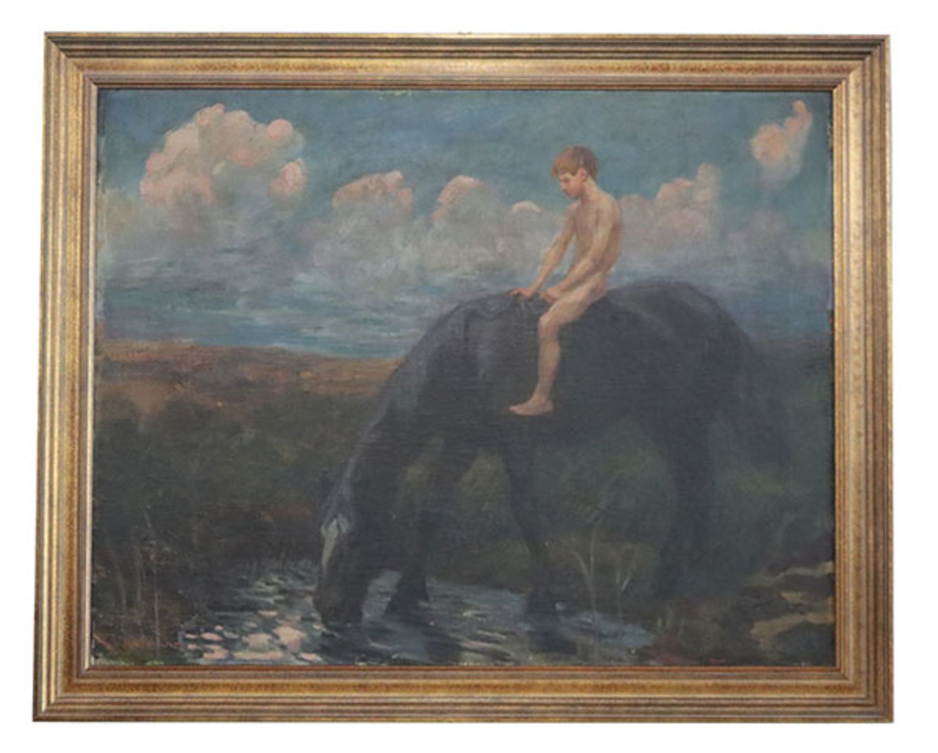 Gemälde ÖL/LW 'Junge auf Pferd', signiert L. v. Hofmann, wohl Ludwig von Hofmann, * 1861 Darmstadt +
