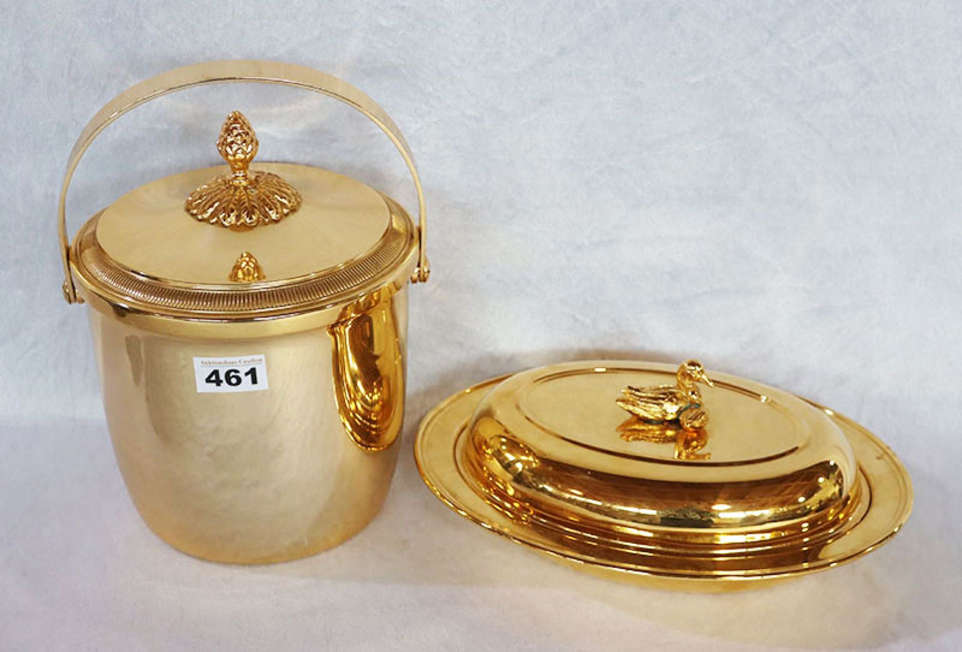 Eisbehälter, goldfarben, mit Eiszange, H 26 cm, D 19 cm, und goldfarbende Deckelschale mit