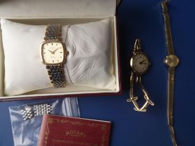 A lady's 9ct gold Verity bracelet wrist watch, a gold watch on plated strap and a boxed Rotary
